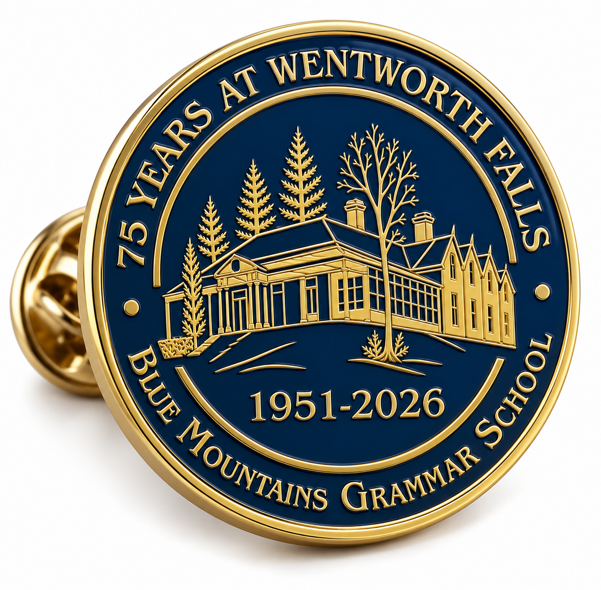 Round gold and navy school enamel lapel pin with a 75th anniversary school building design