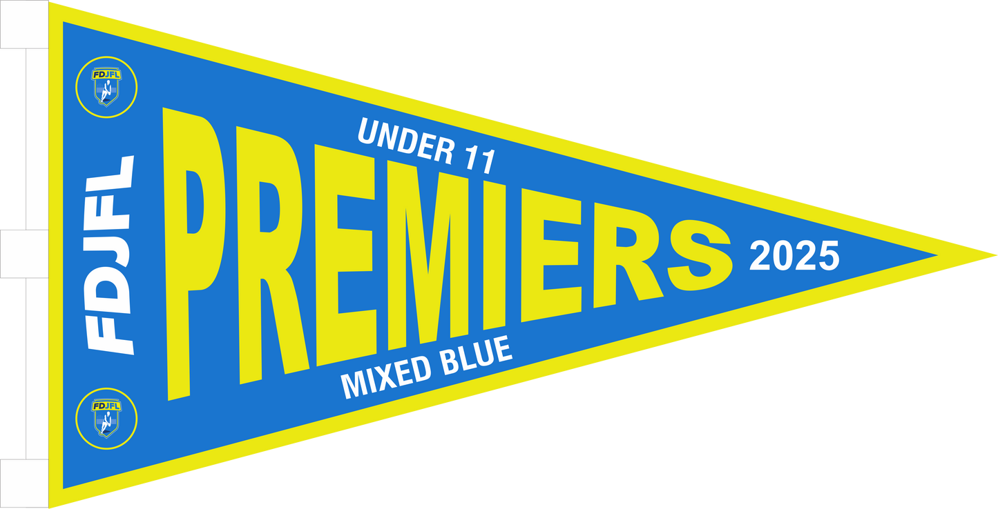 Custom triangular premiership flags with full colour sublimation printing.