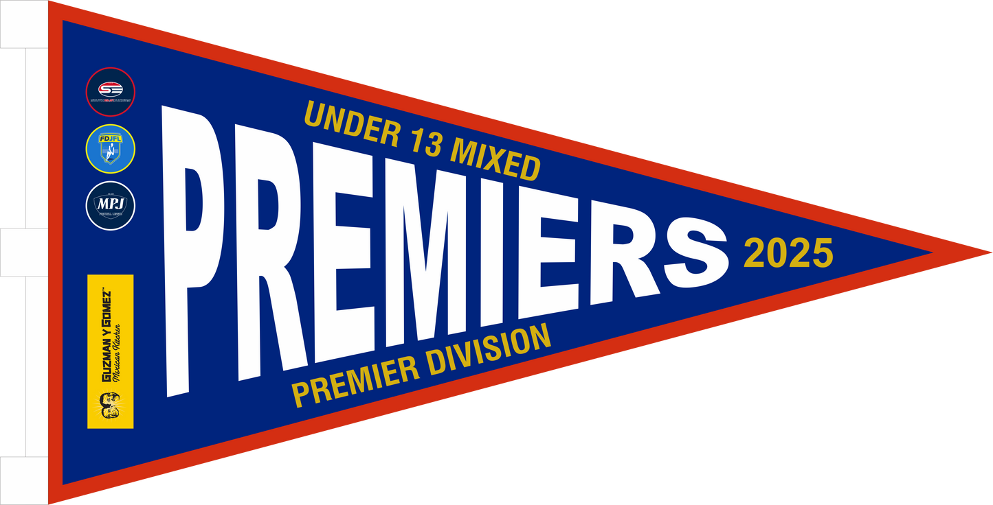 Custom triangular premiership flags with full colour sublimation printing.