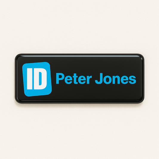 Printed name badge with resin coating (logo and text - 1 line)