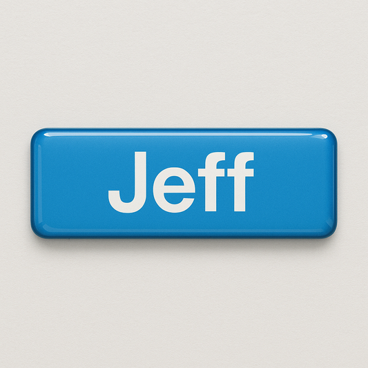 Printed name badge with resin coating (text 1 line)