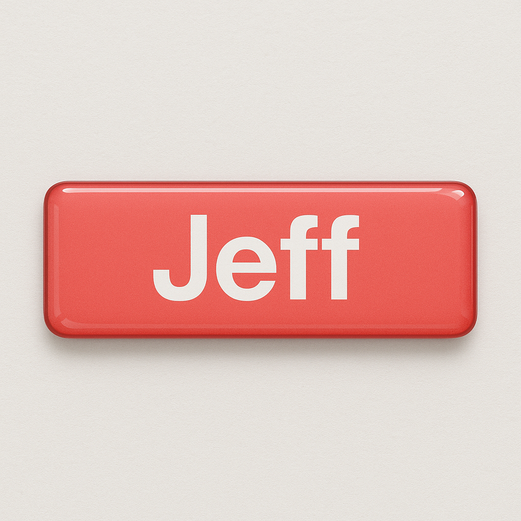Printed name badge with resin coating (text 1 line)