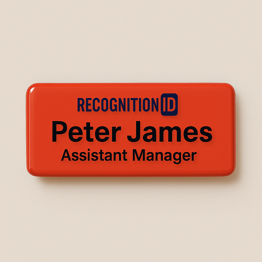 Printed name badge with resin coating (logo and text - 2 lines)
