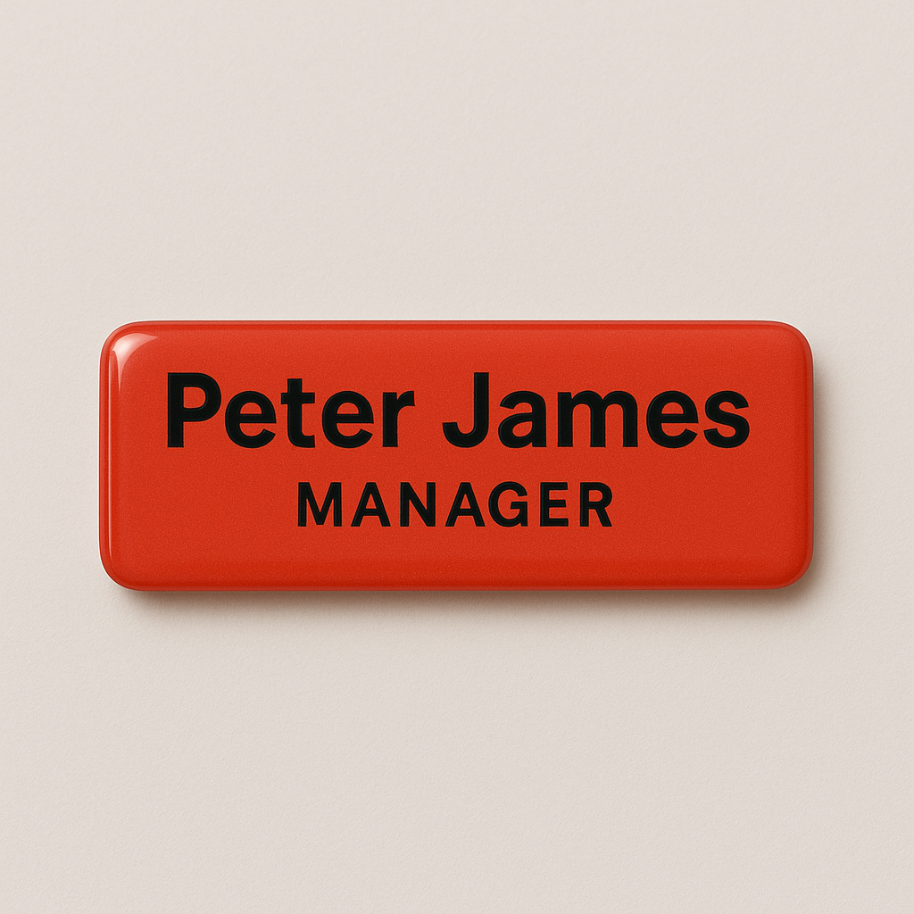 Printed name badge with resin coating (text 2 lines)