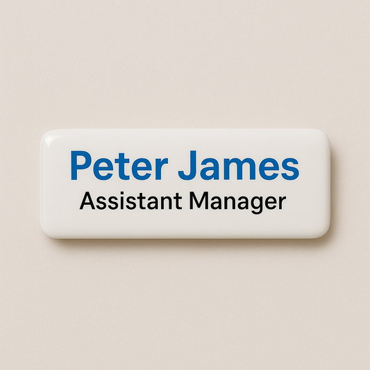 Printed name badge with resin coating (text 2 lines)