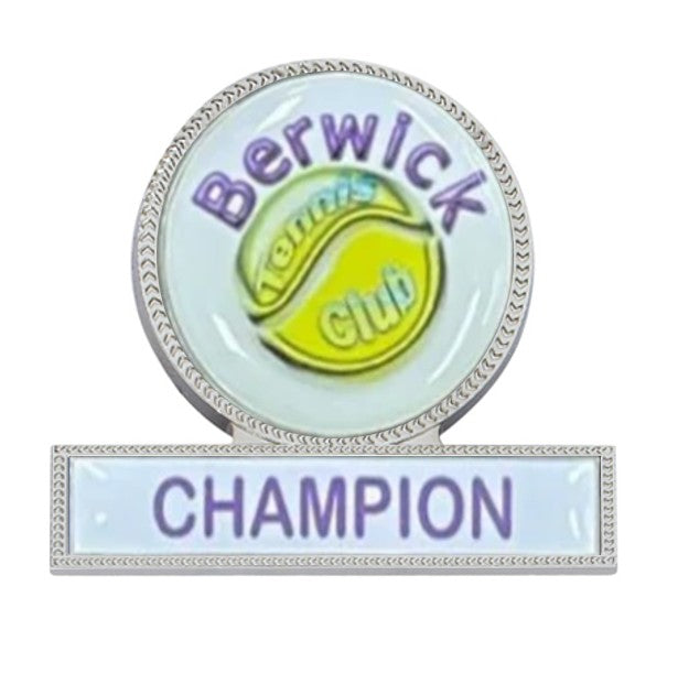 Double metal badge with pin fixture available in Gold and Silver