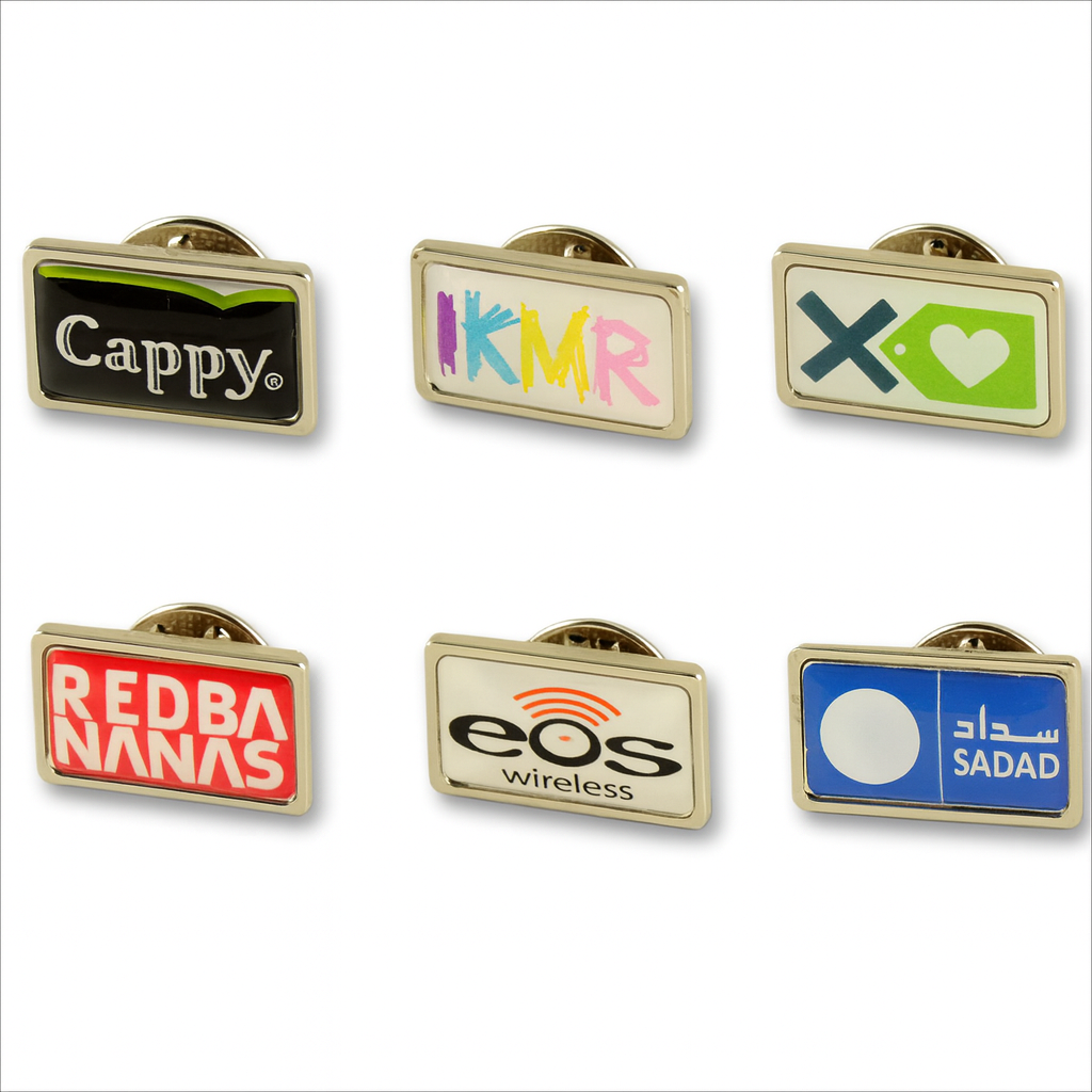 Small rectangle metal lapel pins with doming