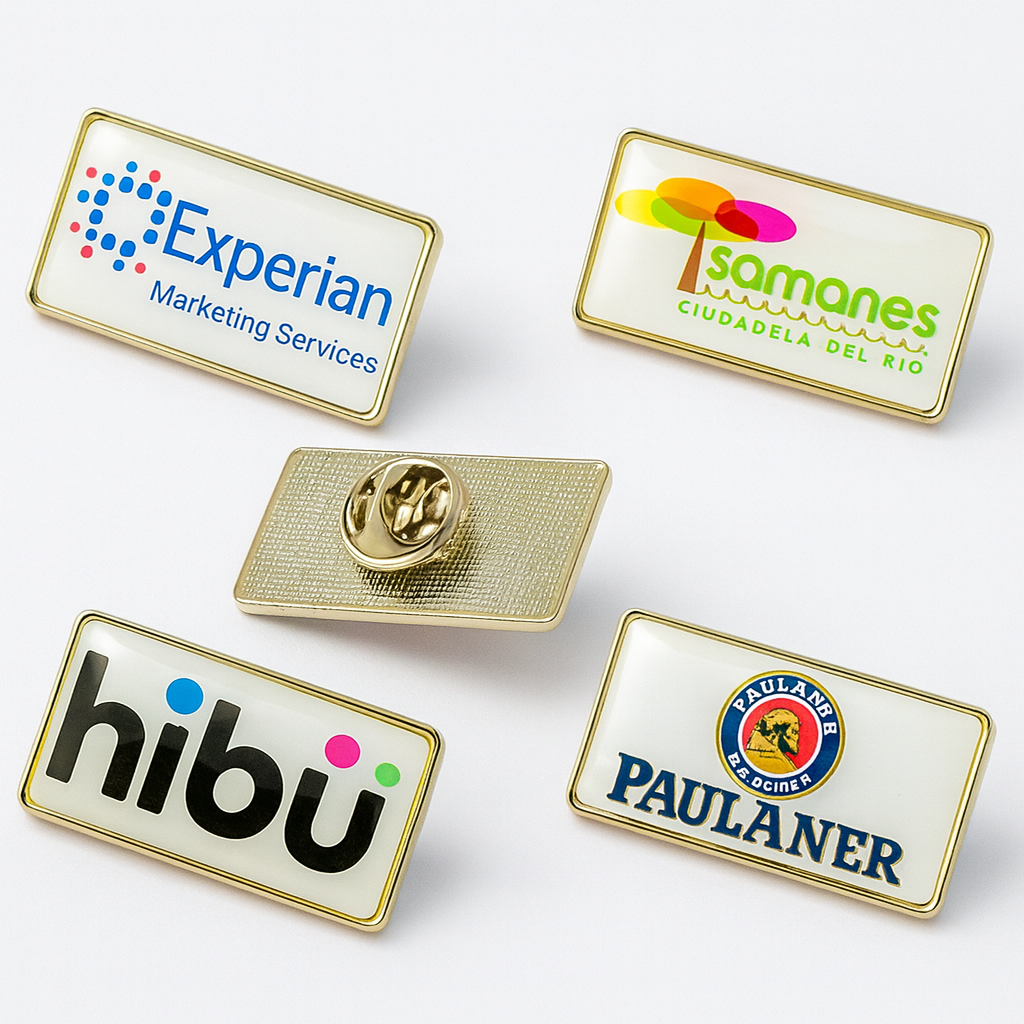 Large rectangle metal lapel pins with doming