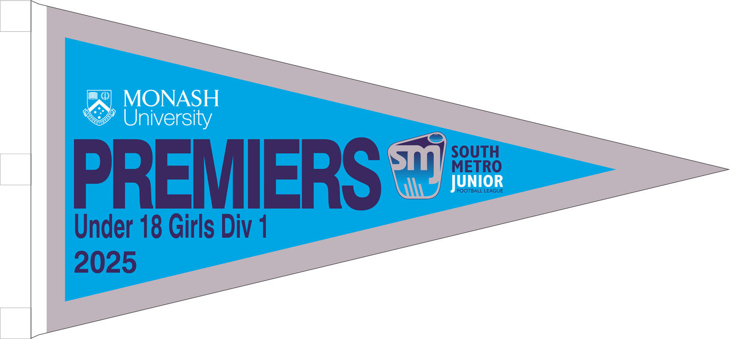 Custom triangular premiership flags with full colour sublimation printing.