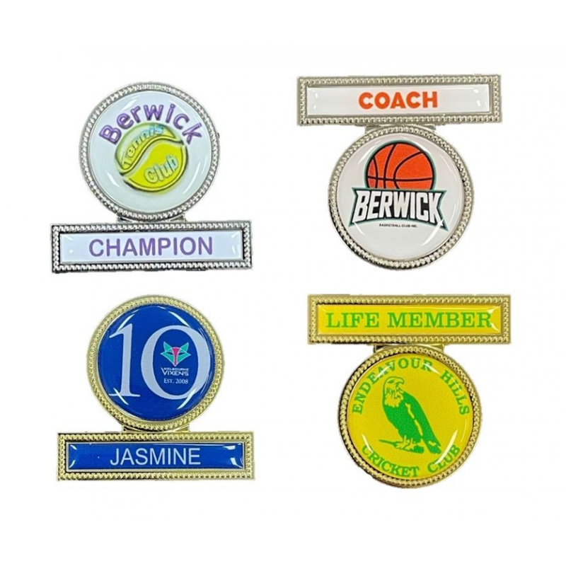 Double metal badge with pin fixture available in Gold and Silver