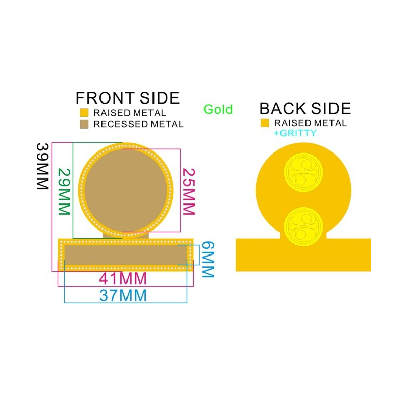 Double metal badge with pin fixture available in Gold and Silver