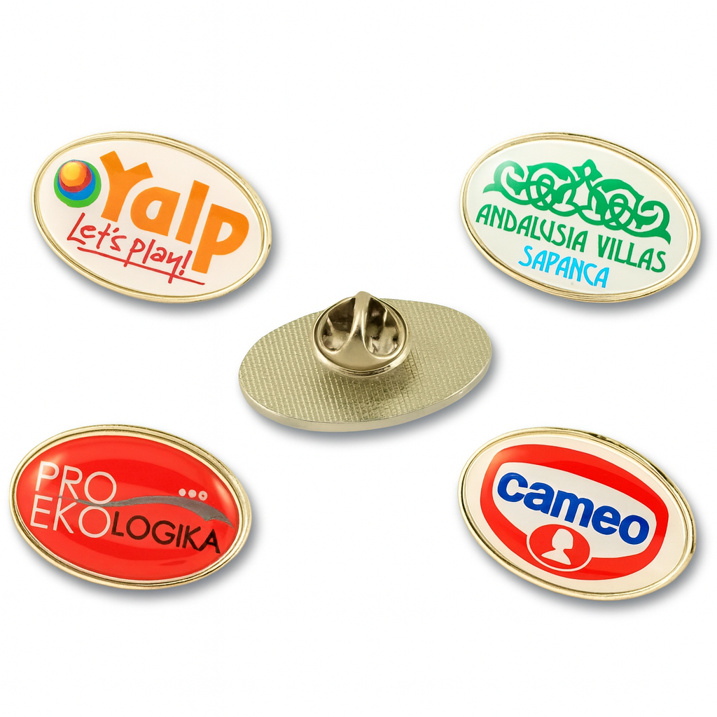 Oval metal lapel pins with doming