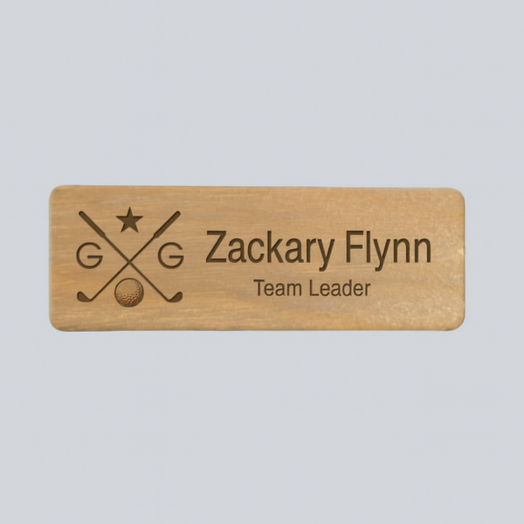 Engraved Wooden Name badge (logo and text - 2 lines)