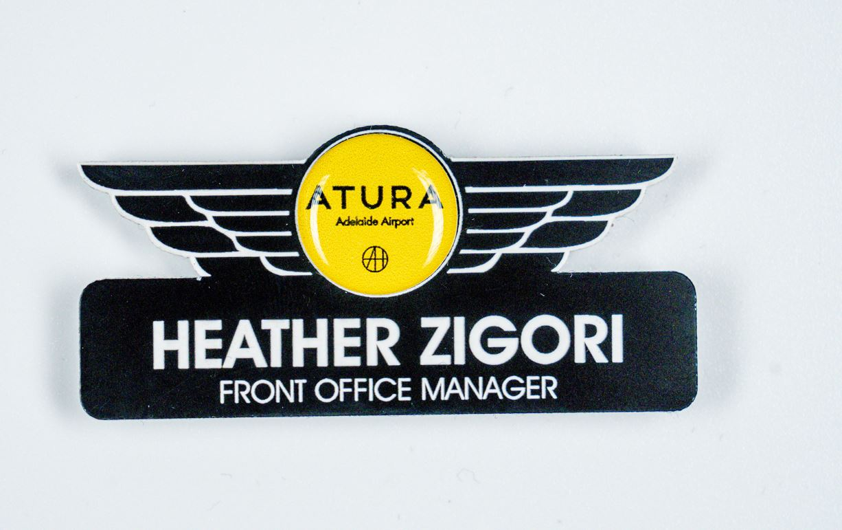 Custom shape name badge - printed & engraved