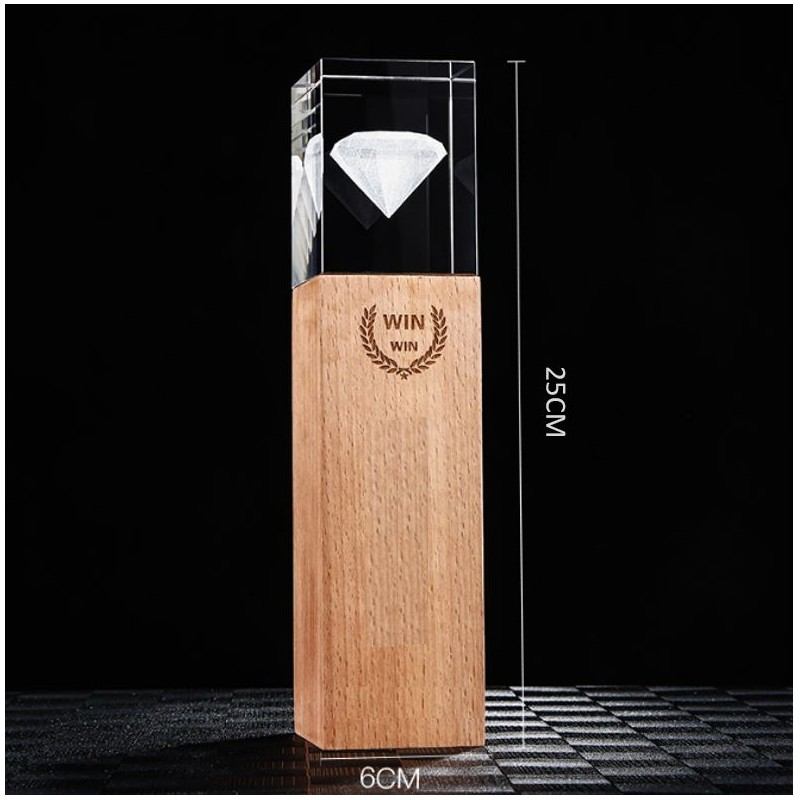CRYSTAL AND WOOD COLUMN TROPHY