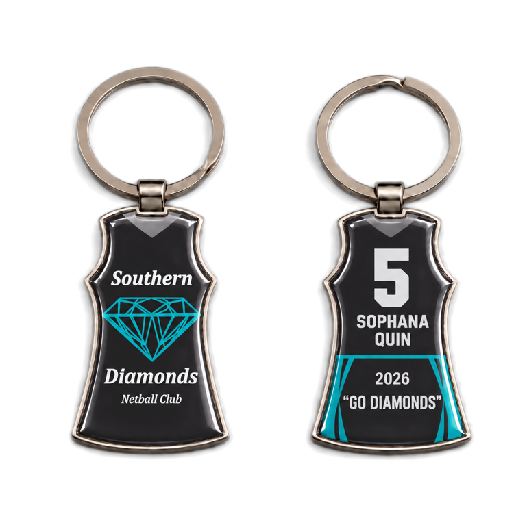 Netball Dress Metal Key Tag - Resin dome both sides