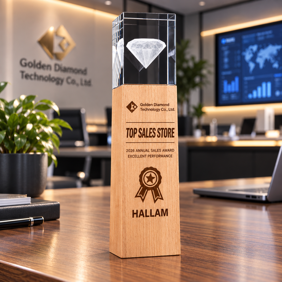 Crystal And Wood Column Trophy