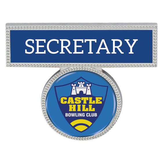 Silver metal captain badge with logo