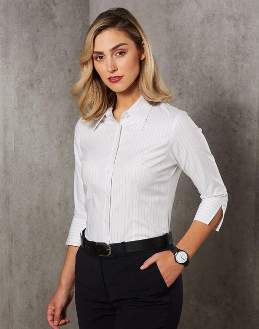 [BS18] Ladies' 3/4 Sleeve Stretch Stripe Shirt