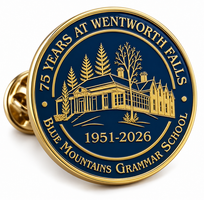 Round gold and navy school enamel lapel pin with a 75th anniversary school building design