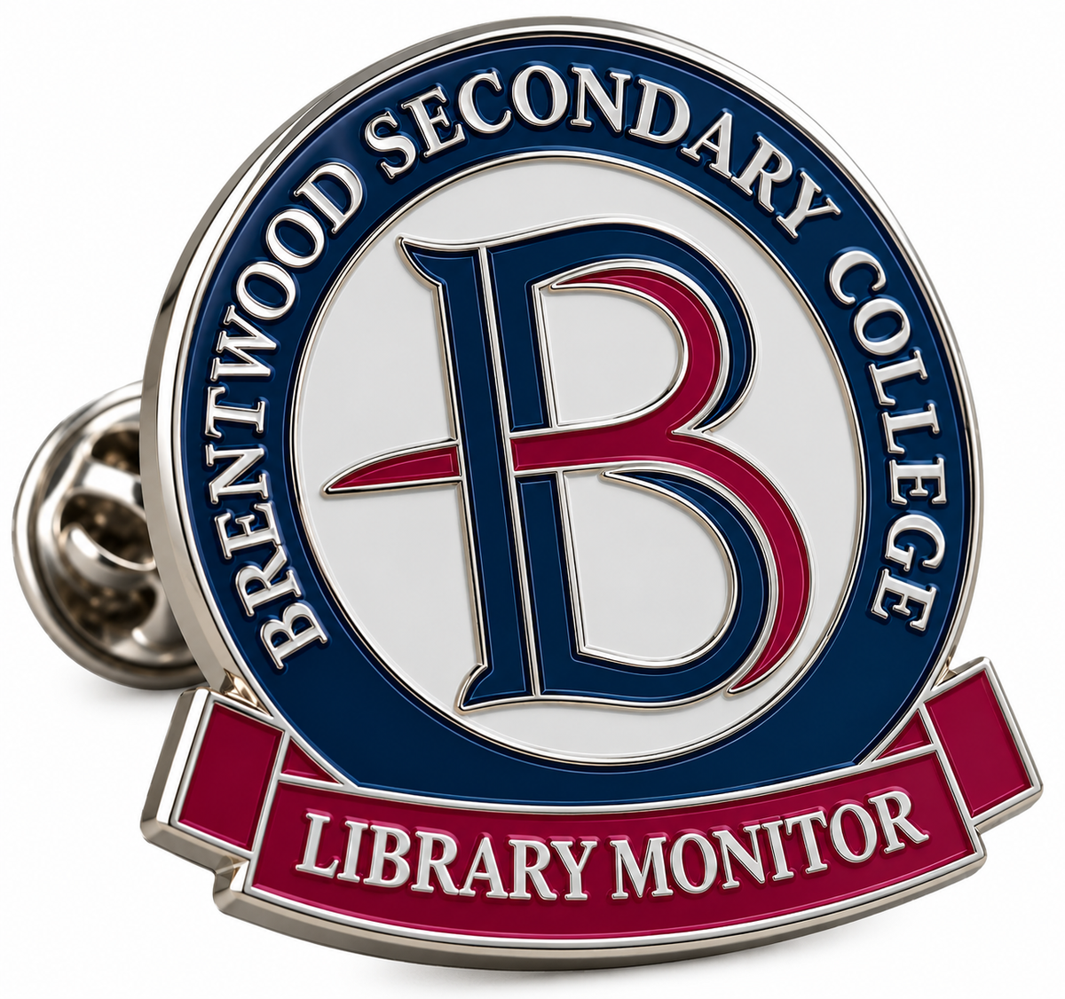 Round silver school enamel lapel pin with a letter B and Library Monitor banner