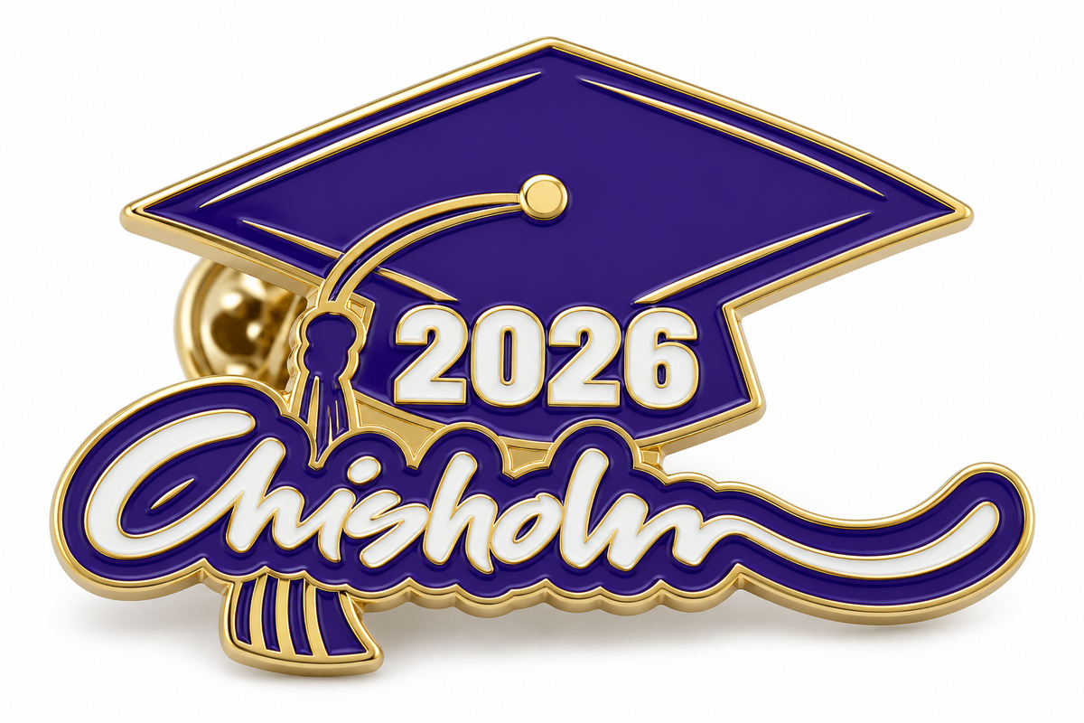 Custom shape school enamel lapel pin with a purple graduation cap and 2026