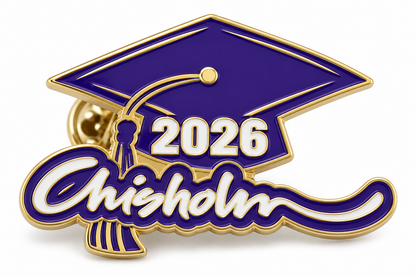 Custom shape school enamel lapel pin with a purple graduation cap and 2026
