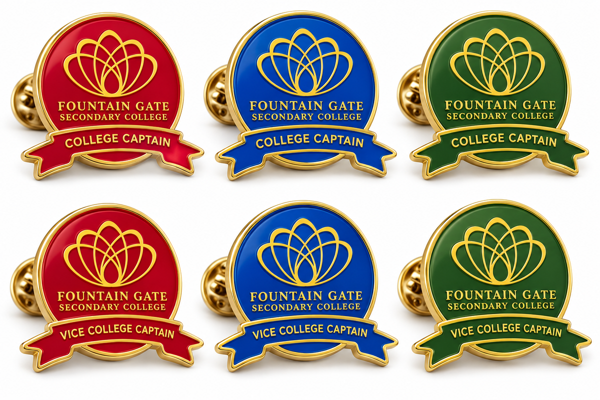 School enamel lapel pins in red, blue and green house colours
