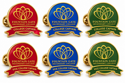 School enamel lapel pins in red, blue and green house colours