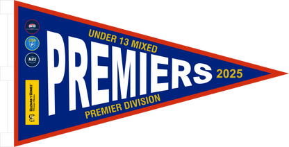 Custom triangular premiership flags with full colour sublimation printing.