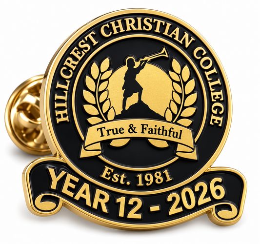 Custom shape school enamel lapel pin in gold and black with a crest and Year 12 2026 banner