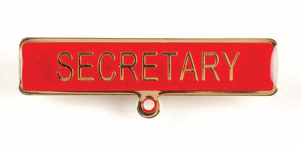 Gold badge. SECRETARY. Red