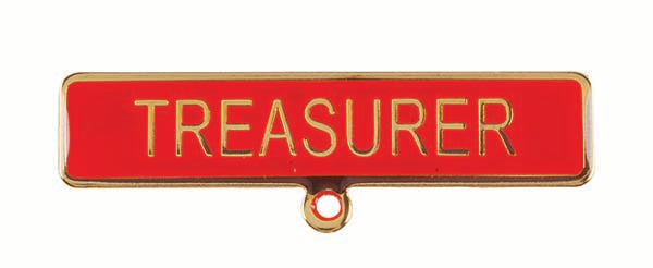 Gold badge. TREASURER. Red