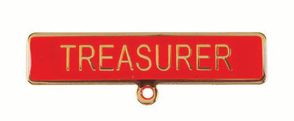 Gold badge. TREASURER. Red