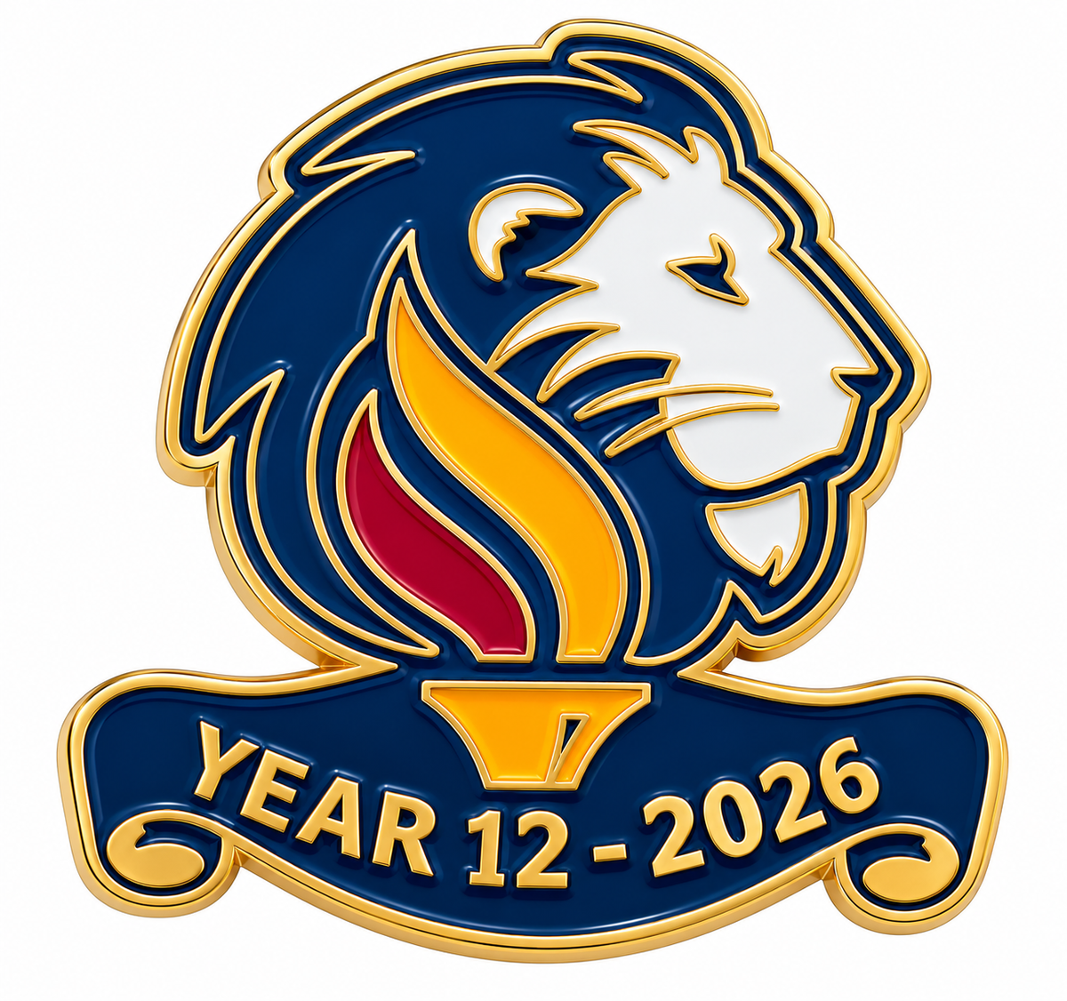 Custom shape school enamel lapel pin with a lion head, flame and Year 12 2026 banner