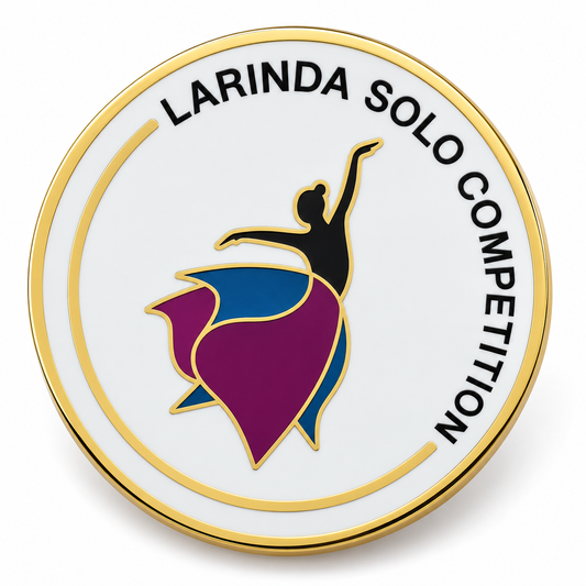 Round hard enamel lapel pin with gold edges and a dancer design