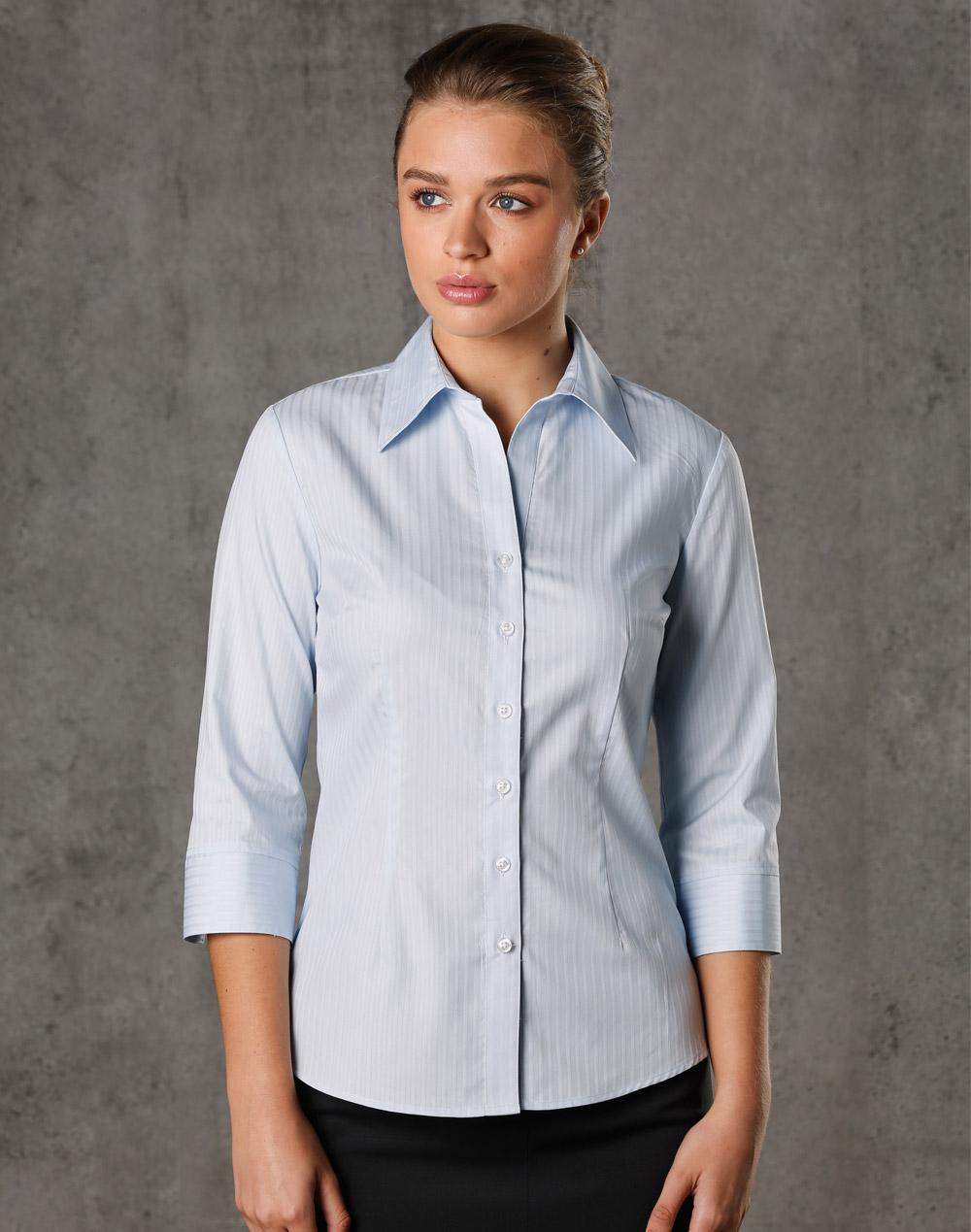 [M8100Q] Women's Self Stripe 3/4 Sleeve Shirt
