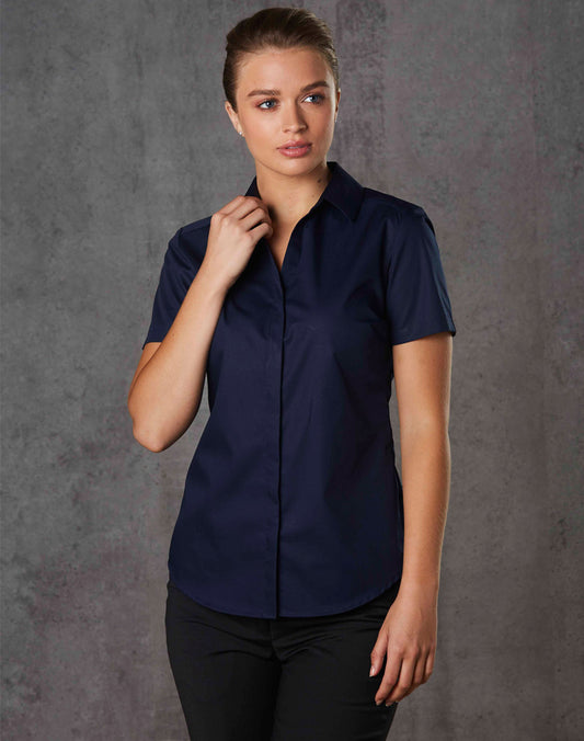 [M8110S] Ladies' Dobby Striped Taped S/S Shirt