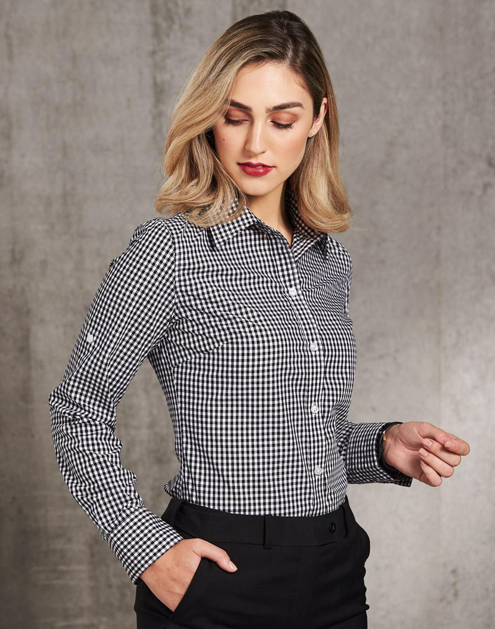 [M8300L] Women's Gingham Check Roll-up L/S Shirt
