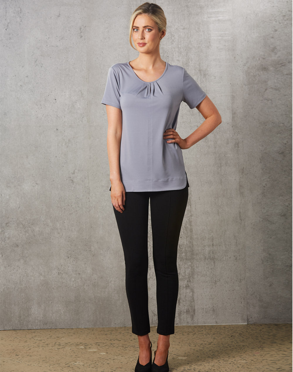 [M8850] Ladies' Round Neck with Pleats S/S Knit Top
