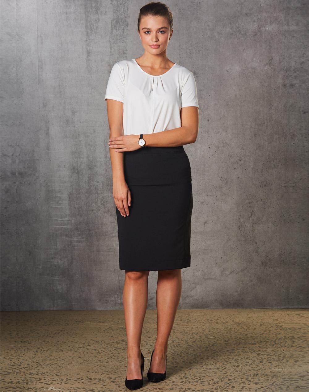 [M9472] Women's Mid Length Lined Pencil Skirt in Poly/Viscose Stretch Stripe