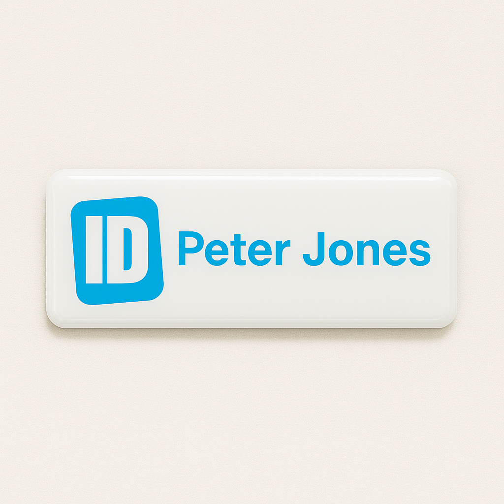 Printed name badge with resin coating (logo and text - 1 line)
