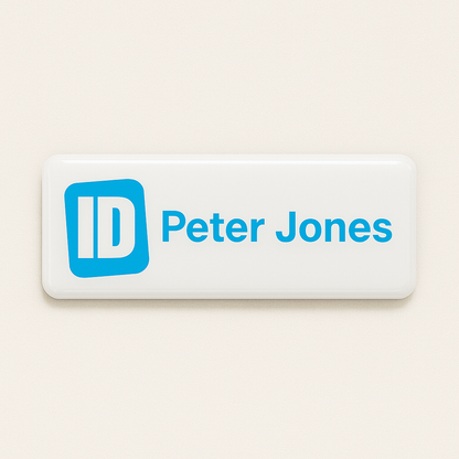 Printed name badge with resin coating (logo and text - 1 line)