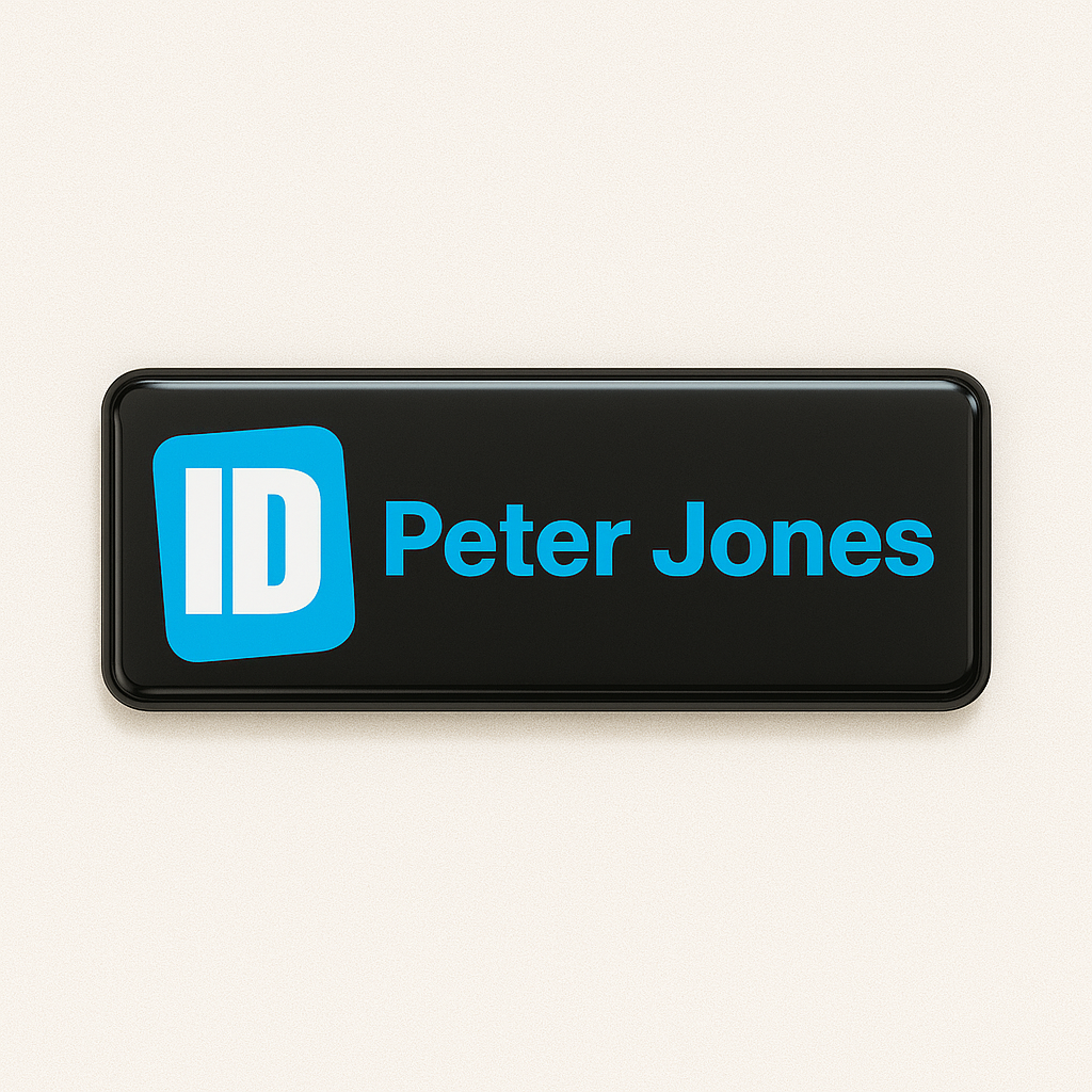 Printed name badge with resin coating (logo and text - 1 line)