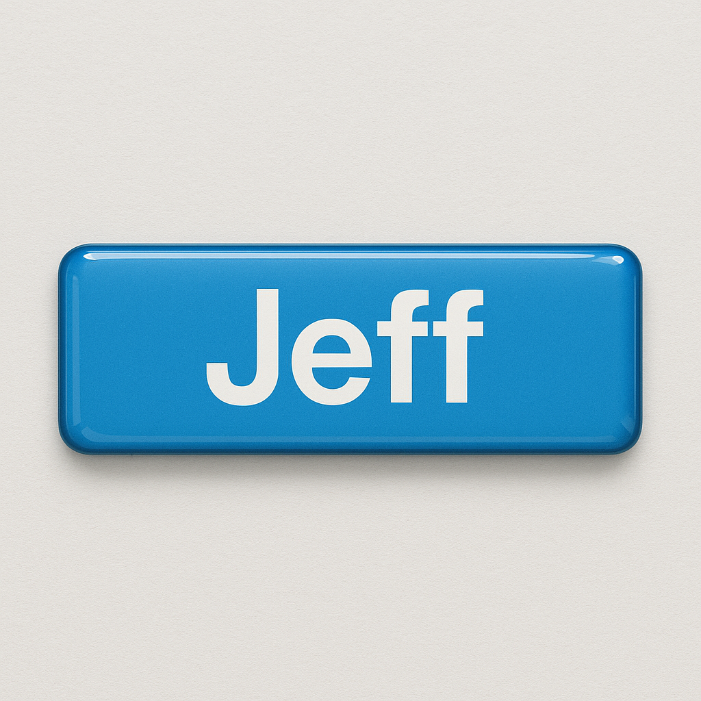 Printed name badge with resin coating (text 1 line)