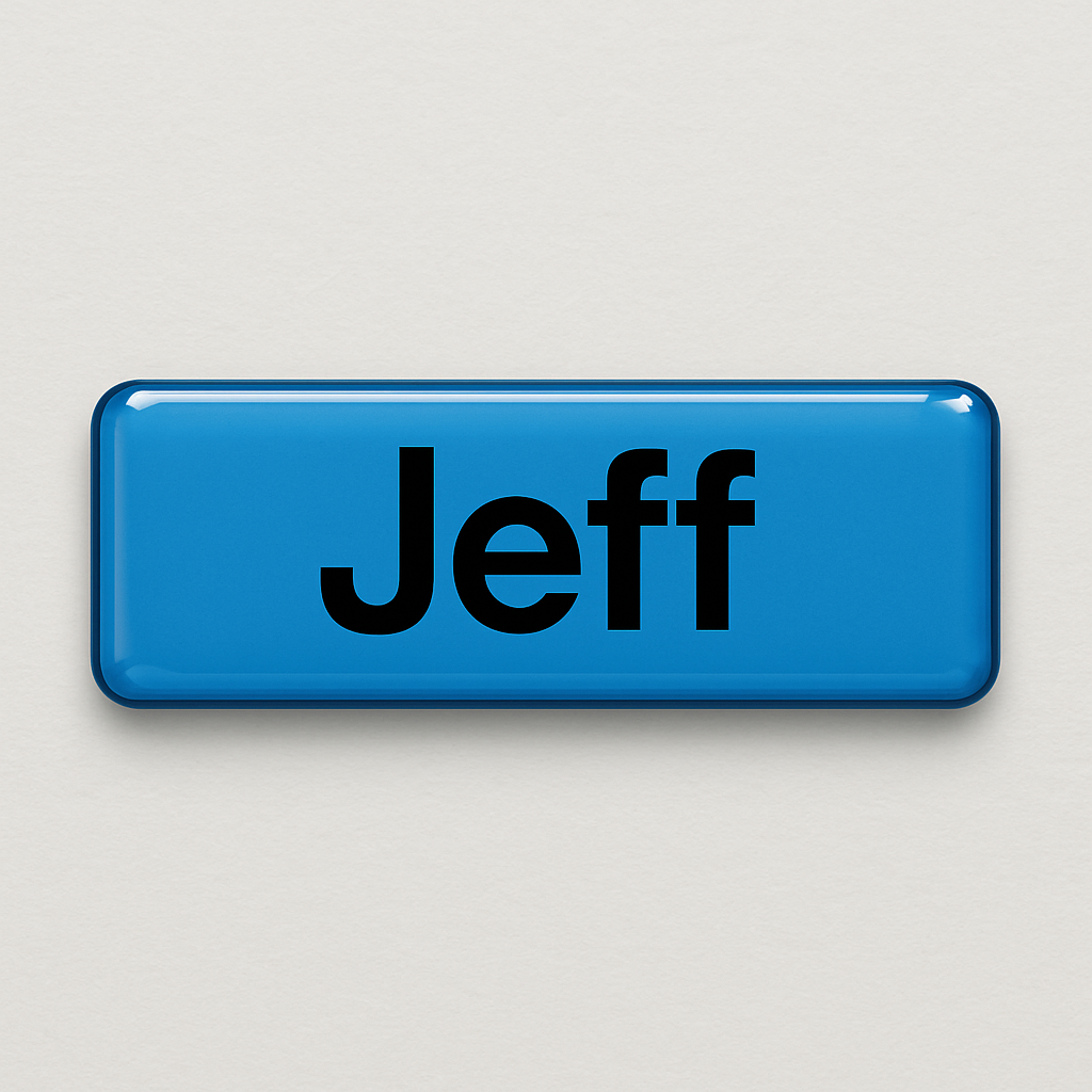 Printed name badge with resin coating (text 1 line)