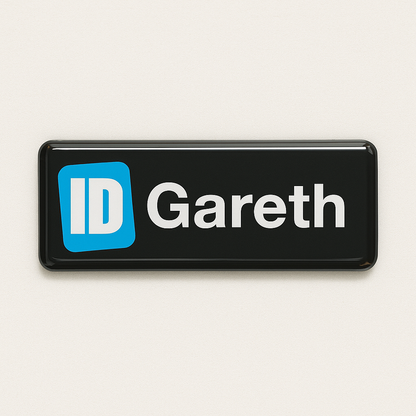 Printed name badge with resin coating (logo and text - 1 line)