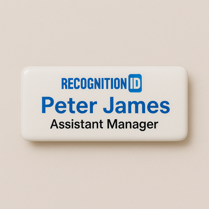 Printed name badge with resin coating (logo and text - 2 lines)