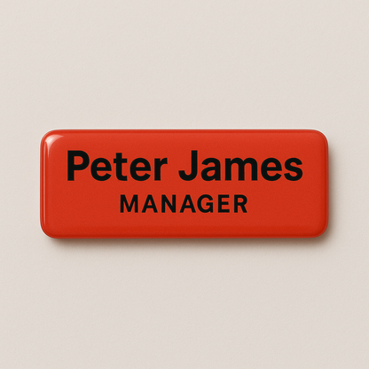 Printed name badge with resin coating (text 2 lines)