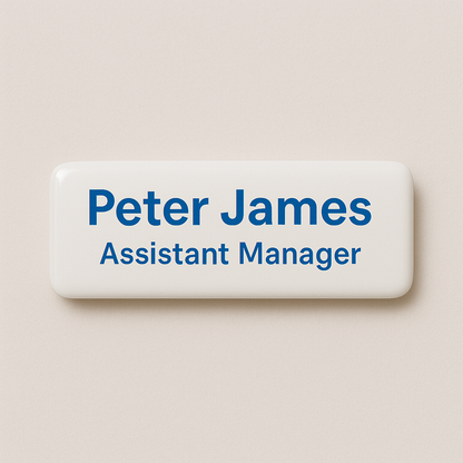 Printed name badge with resin coating (text 2 lines)